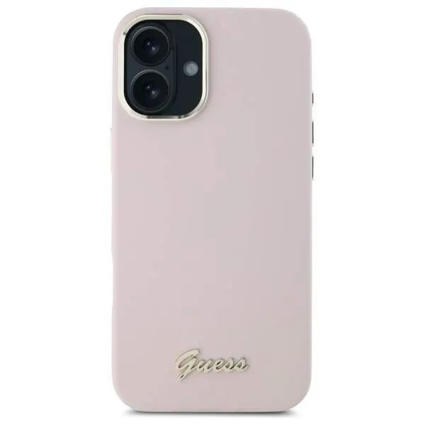 Guess Script Metal Logo & Frame Silicone Case for iPhone 16 6.1" Pink - GUHCP16SSMBSLP