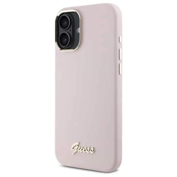 Guess Script Metal Logo & Frame Silicone Case for iPhone 16 6.1" Pink - GUHCP16SSMBSLP