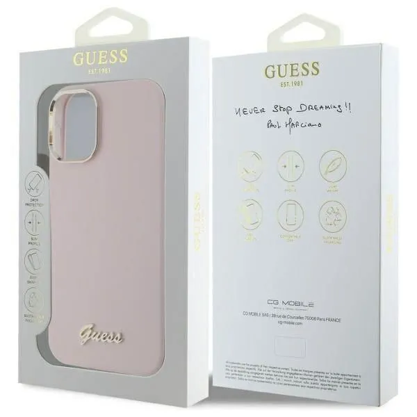 Guess Script Metal Logo & Frame Silicone Case for iPhone 16 6.1" Pink - GUHCP16SSMBSLP