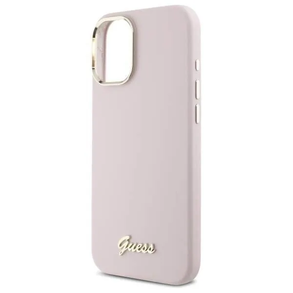 Guess Script Metal Logo & Frame Silicone Case for iPhone 16 6.1" Pink - GUHCP16SSMBSLP