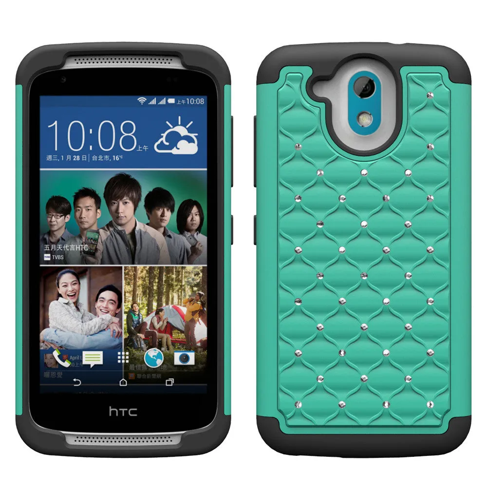 HTC Desire 526 Rhinestone Case , Slim Hybrid Dual Layer[Shock Resistant] Crystal Rhinestone Studded Case Cover - Teal/Black