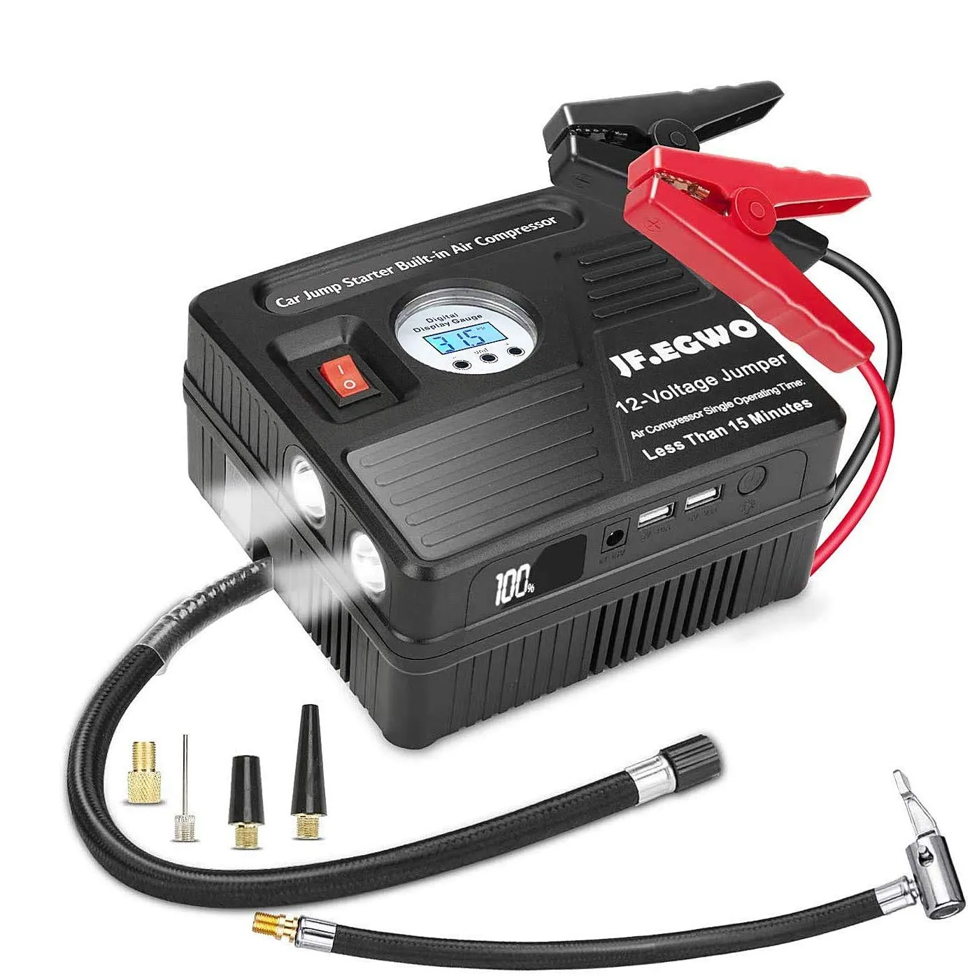 JFEGWO 3000A Jump Starter with Air Compressor Black