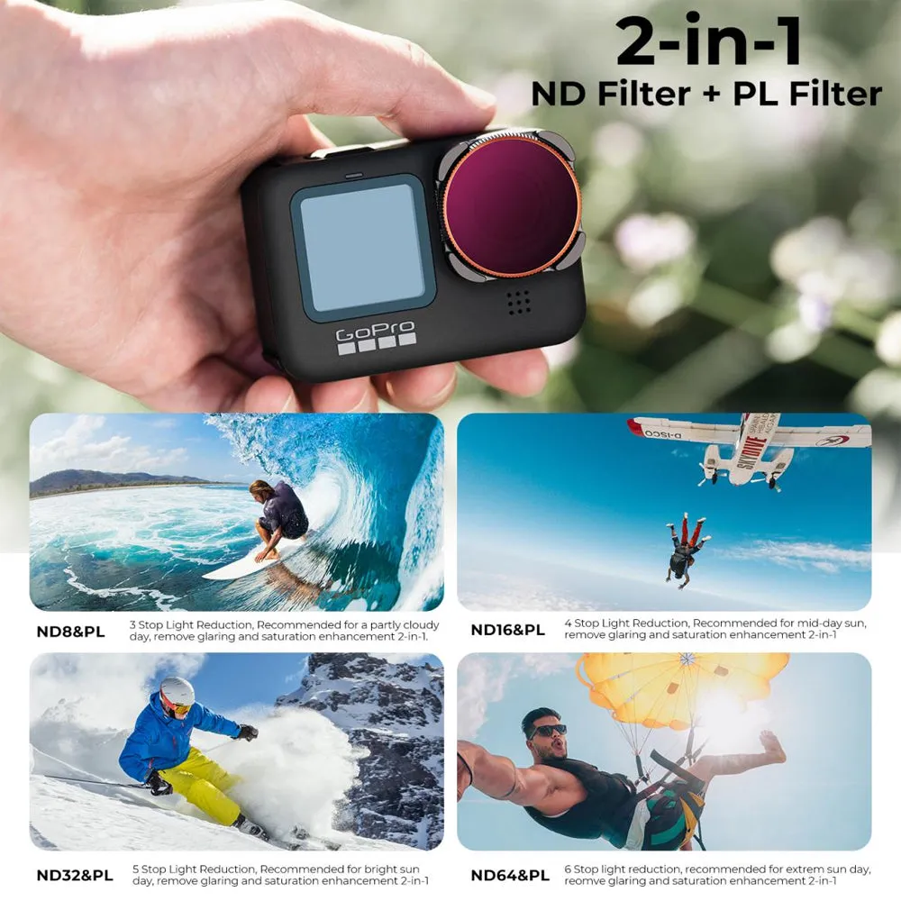 K&F Concept GoPro Hero 12 / 11 / 10 / 9 Neutral Density & Polarizer Lens Filter Set with ND8&PL   ND16&PL   ND32&PL   ND64&PL for Action Camera - Made with Multi-Coated Optical Glass & Ultra-thin Aluminum Frame