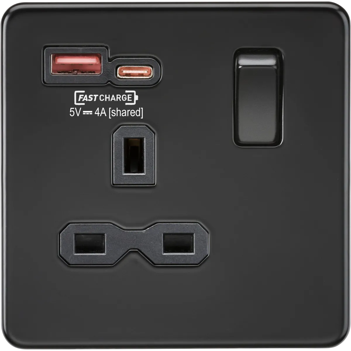 Knightsbridge Screwless 13A 1 Gang Switched Socket Dual USB A C Matt Black