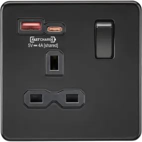 Knightsbridge Screwless 13A 1 Gang Switched Socket Dual USB A C Matt Black