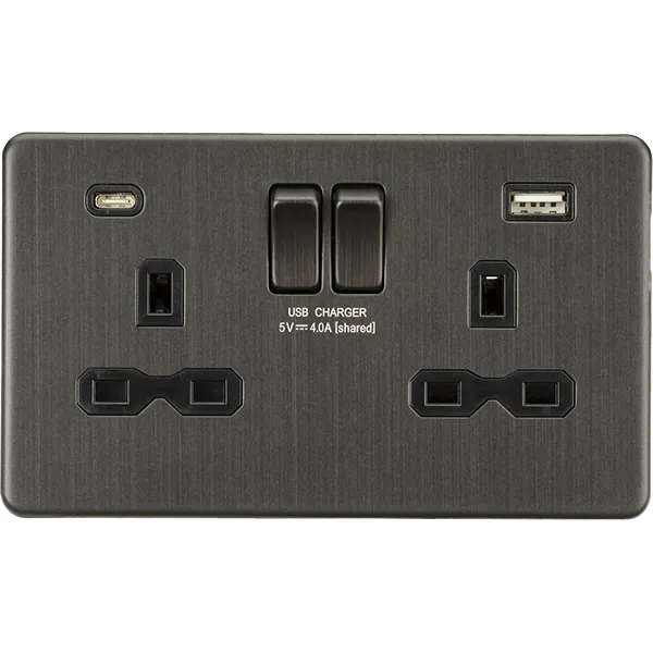 Knightsbridge Screwless 13A 2 Gang Switched Socket Dual USB A C Smoked Bronze with Black Insert