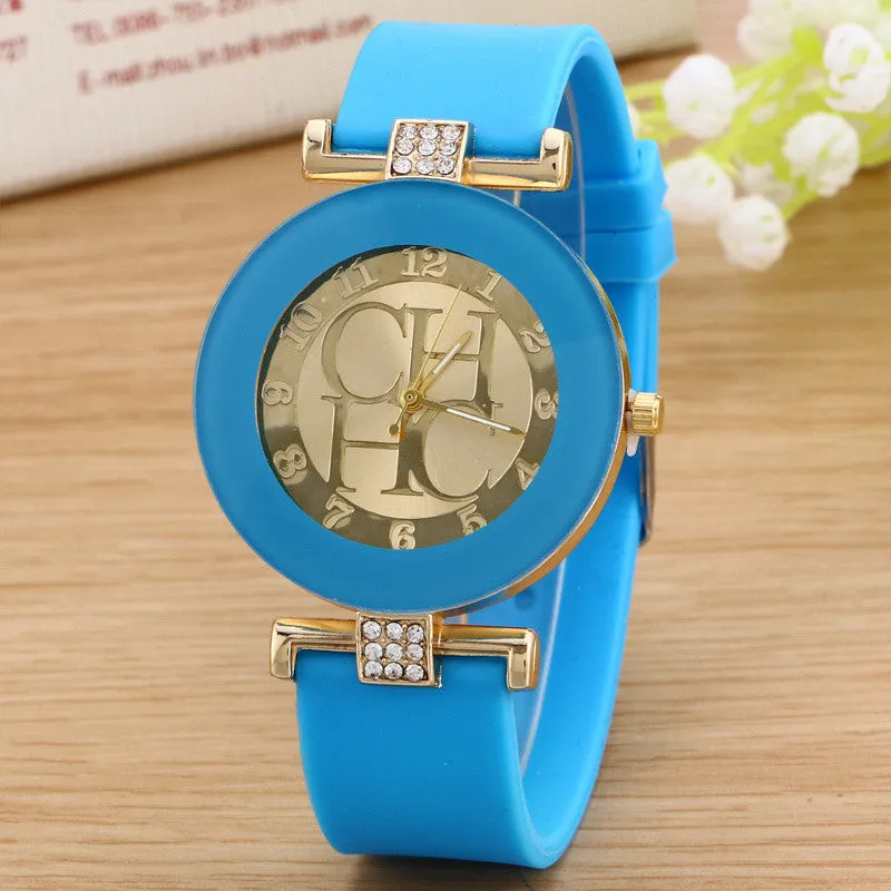 Ladies watch new tide comfortable silicone strap quartz watch set auger gold watches selling styles time clocks men watches