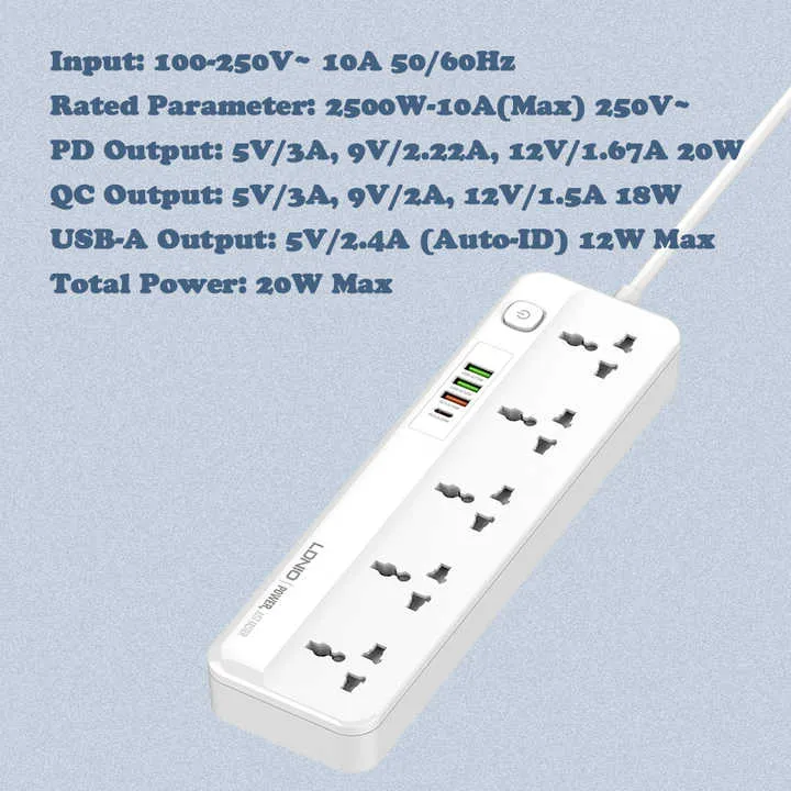 LDNIO SC54155 AC Outlets Universal Power Strip With PD  USB Ports(New)