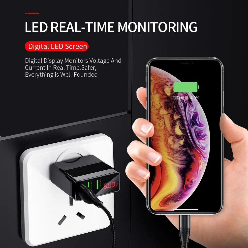 LED Display EU US 3 Port USB Charger 3A Mobile Phone USB Charger Fast Charging Wall Charger For iPhone 6 Samsung Xiaomi LG