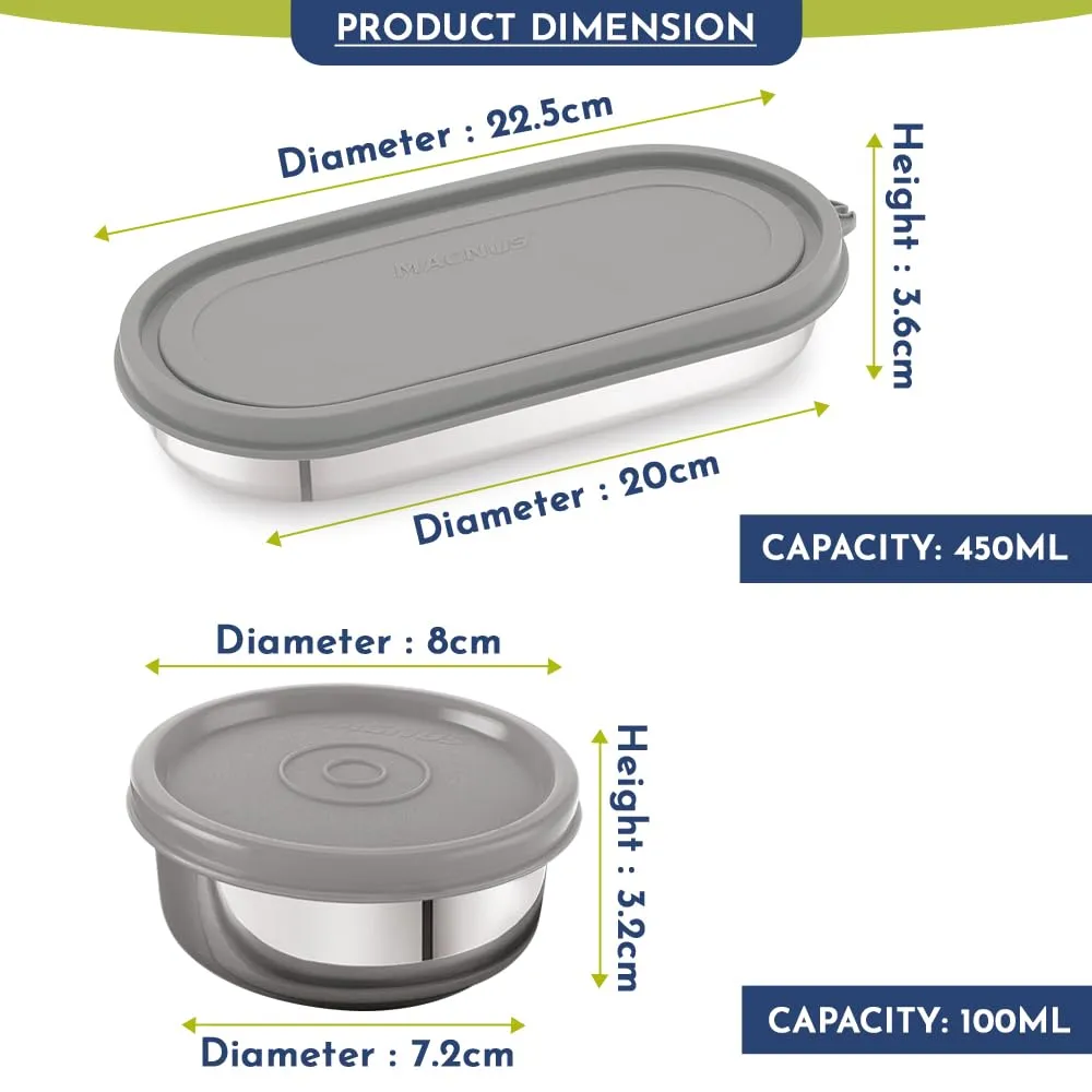 Magnus Easy Lock S S Prime Oval & Chocolate Container, Airtight & Leakproof Lid ,Tiffin For School, Office,Picnic, Ideal lunch boxes for Men, Women and Kids (Grey,100ml,450ml)