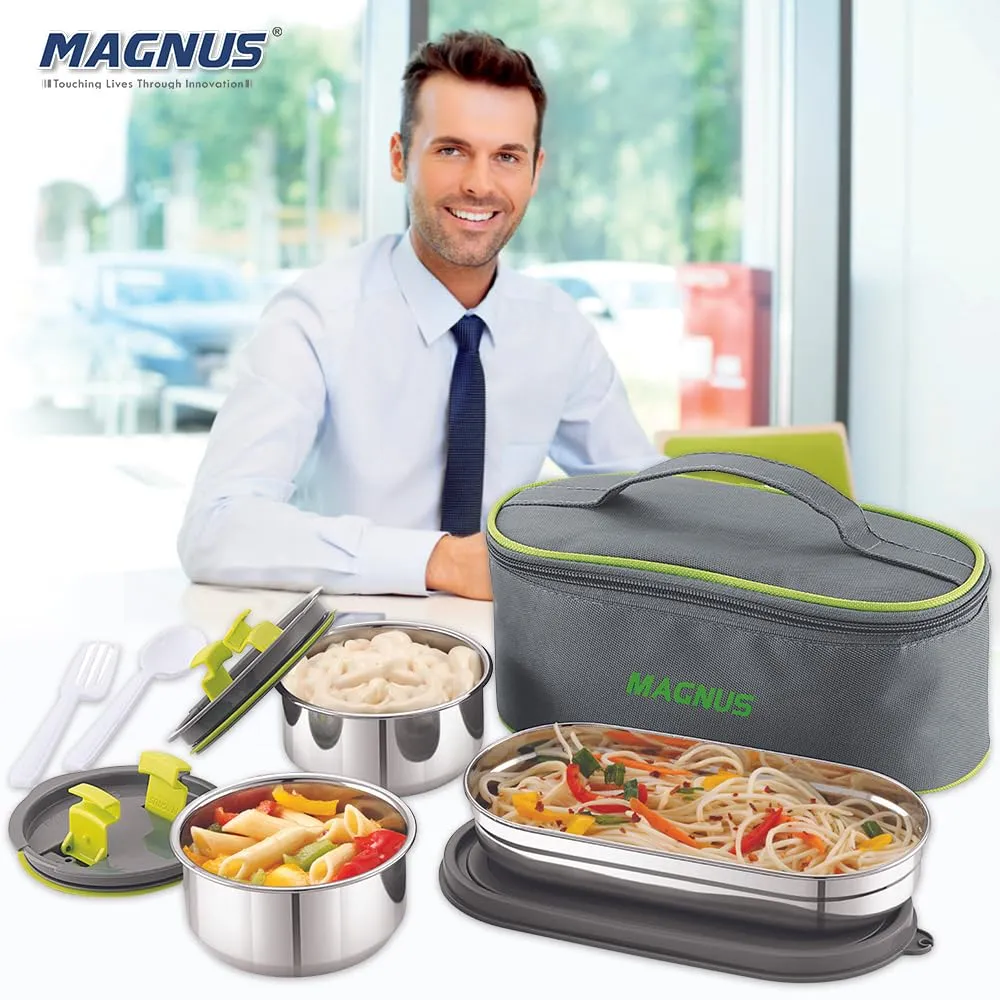 Magnus Olive-3 Prime Steam Lock Stainless Steel Lunch Box for Kids, Lunch Boxes for Office Men, Women, Leak-Proof Containers with Carry Case, Airtight Food Storage for School, Picnic