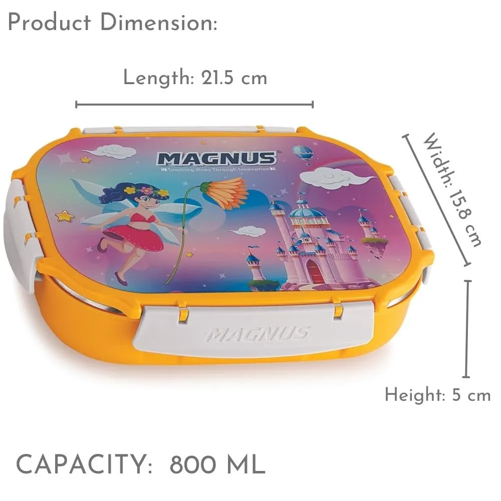 Magnus Spike Kids PP Yellow Lunchbox - 800ml Stainless Steel Tiffin & 150ml Container | Airtight, Leakproof Lunch Box | Easy Carry for Boys & Girls | Lunch Box for Kids & Office Men