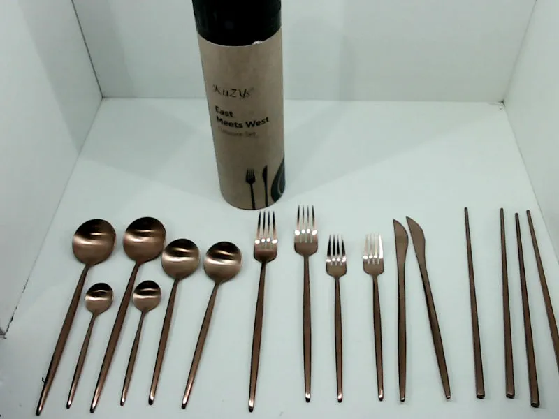 Matte Copper Flatware Set with Reusable Chopsticks 2 Sets 14 Pc