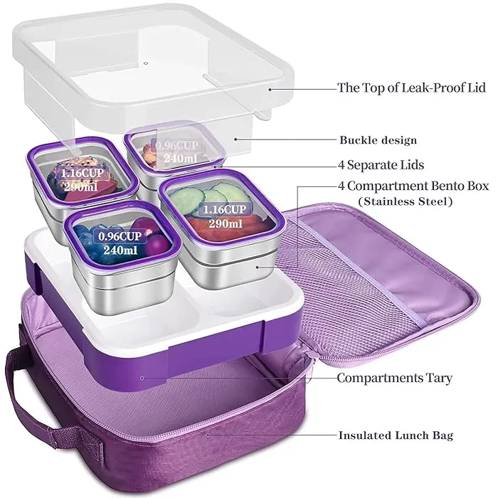 Meal Station 4 Compartment Stainless Steel Bento Lunch Box with Bag