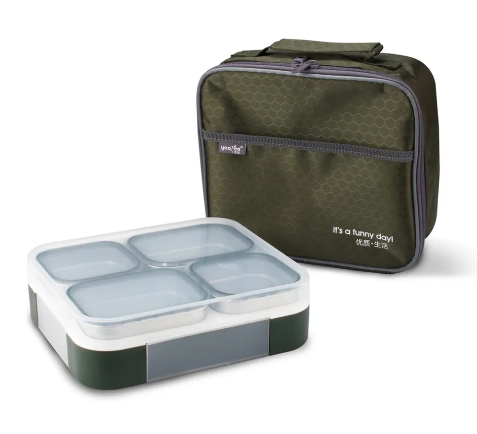 Meal Station 4 Compartment Stainless Steel Bento Lunch Box with Bag