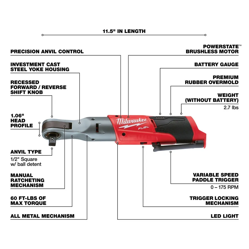 Milwaukee 2558-20 M12 FUEL 12V 1/2-Inch 60-Ft-Lbs. Cordless Ratchet - Bare Tool