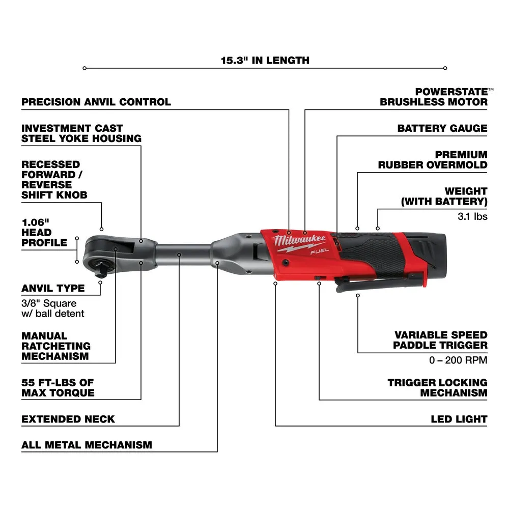 Milwaukee 2560-21 M12 FUEL 12V 3/8 Inch Extended Reach Ratchet 2.0AH Kit