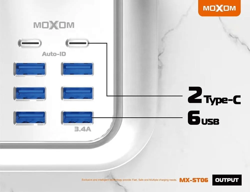 Moxom Power Extension 6 USB & 2 Type-C Fast Charger MX-ST06