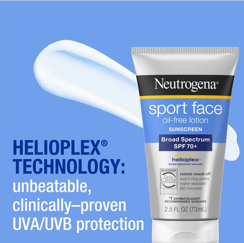 Neutrogena Sport Face Oil-Free Lotion Sunscreen with Broad Spectrum SPF 70 , Sweatproof & Waterproof Active Sunscreen, 2.5 fl. Oz