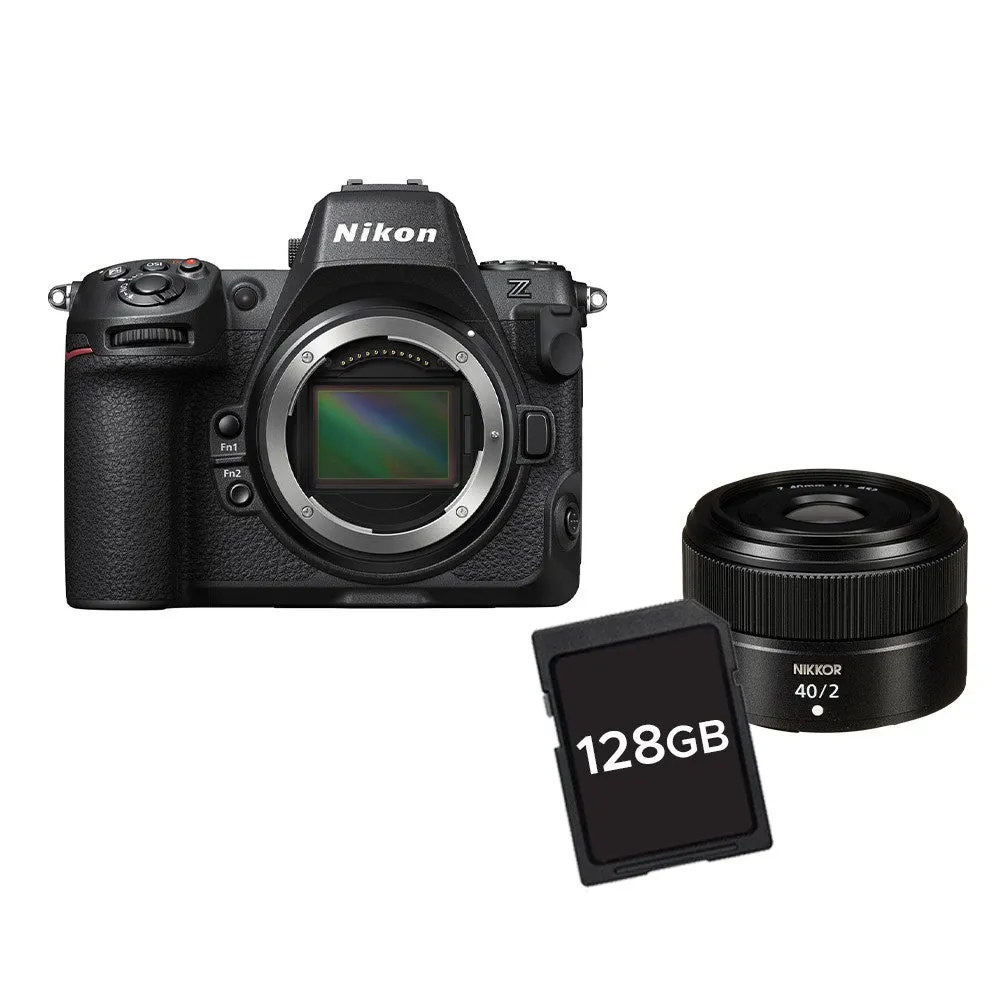 Nikon Z8 Mirrorless Camera with 24-120mm f/4 Lens Kit Stacked CMOS Sensor FX-Format Full Frame Z-Mount EXPEED 7, 8K N-RAW / ProRES RAW, 8K 30p Video, 3.2" 4-Axis Tilting Touchscreen LCD, Dual CFx / MicroSD Card Slots