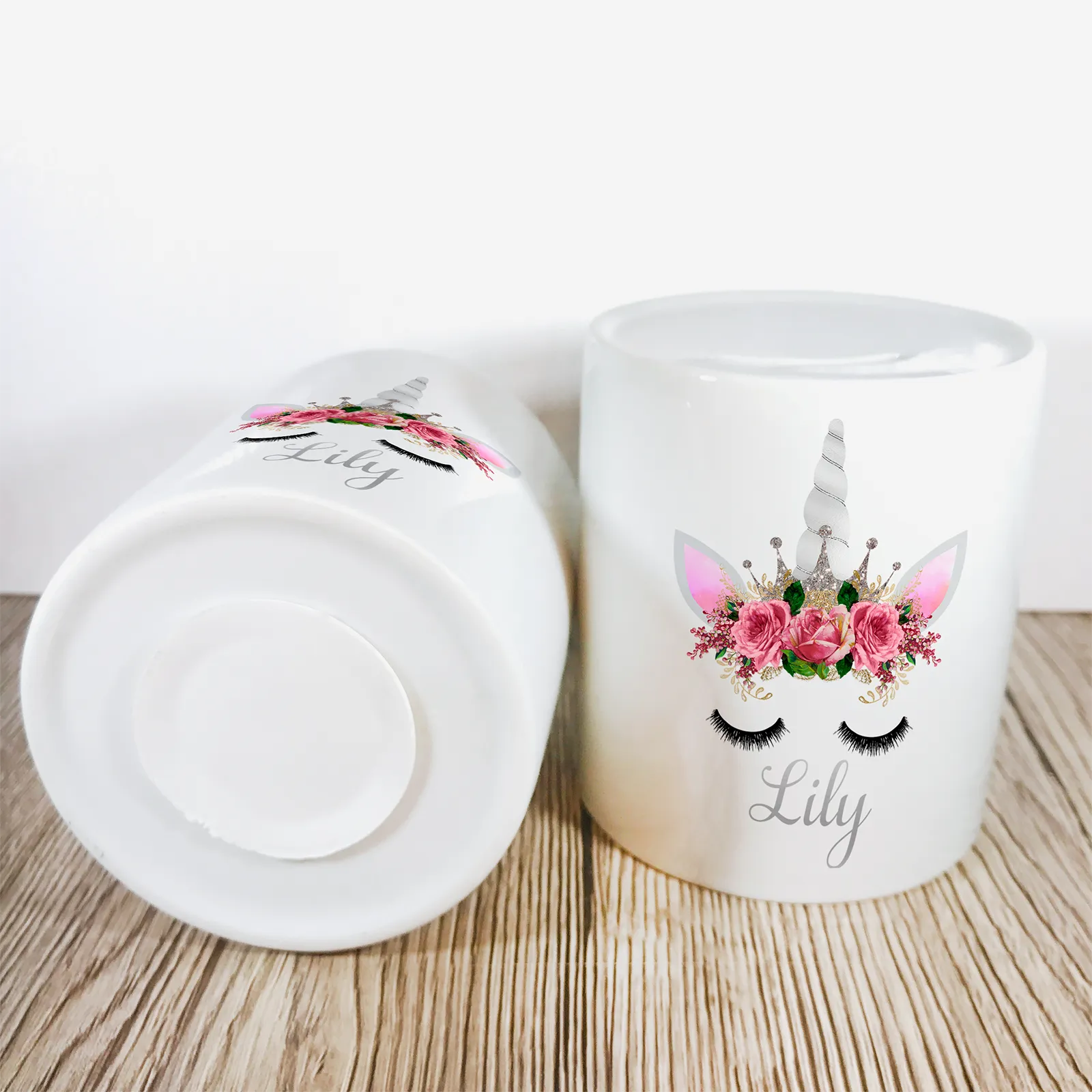 Personalised Unicorn Money Pot | Pink Flowers & Silver Horn