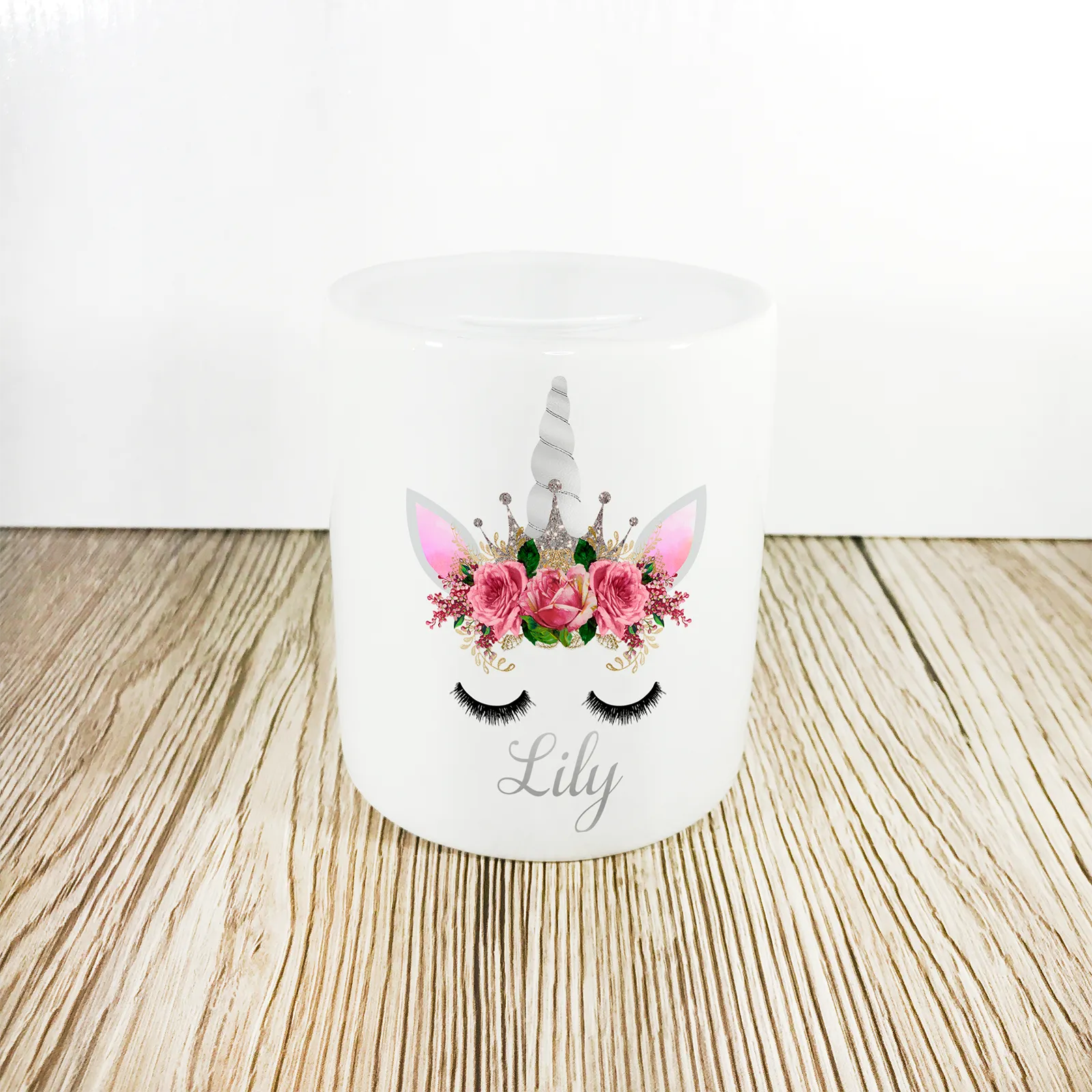 Personalised Unicorn Money Pot | Pink Flowers & Silver Horn