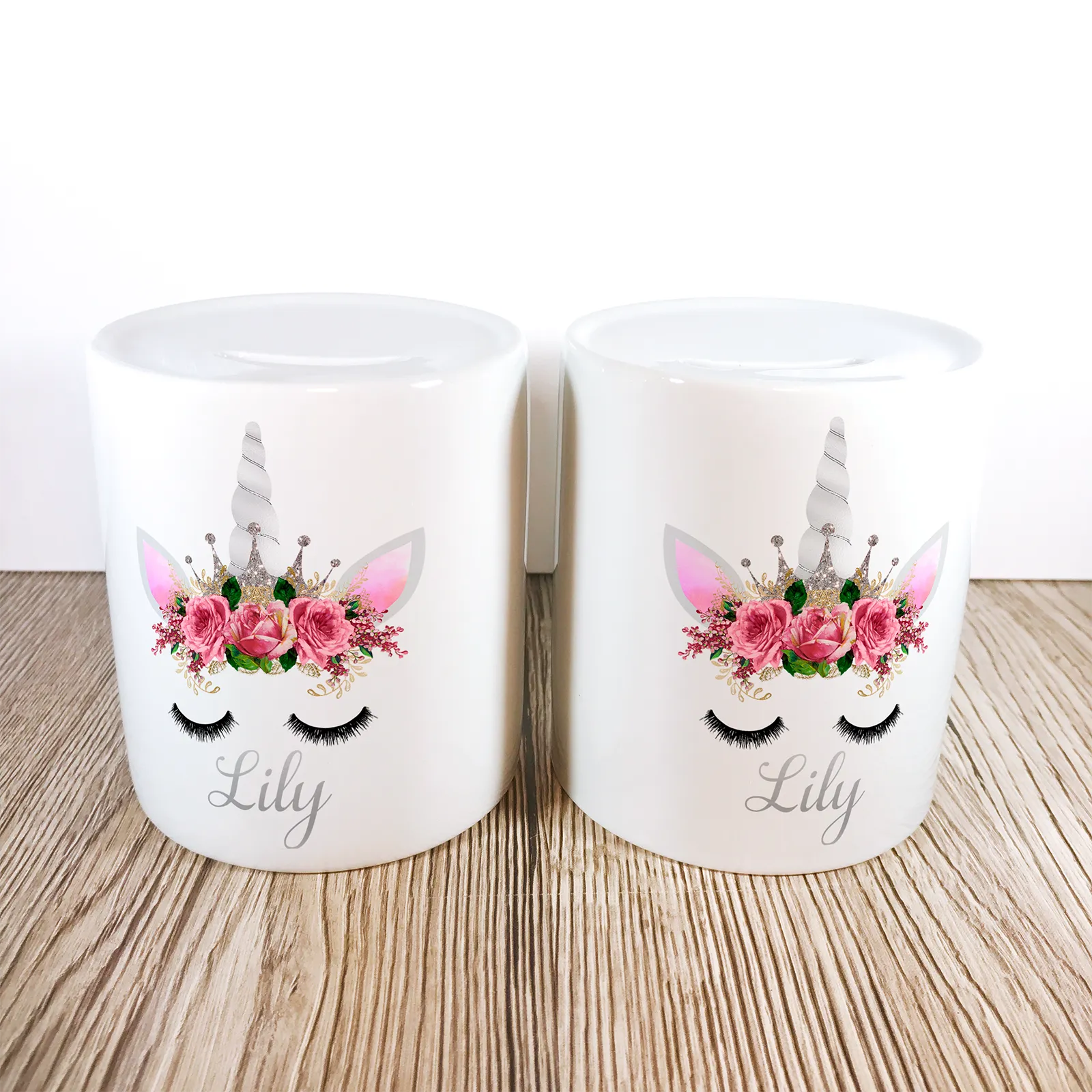 Personalised Unicorn Money Pot | Pink Flowers & Silver Horn