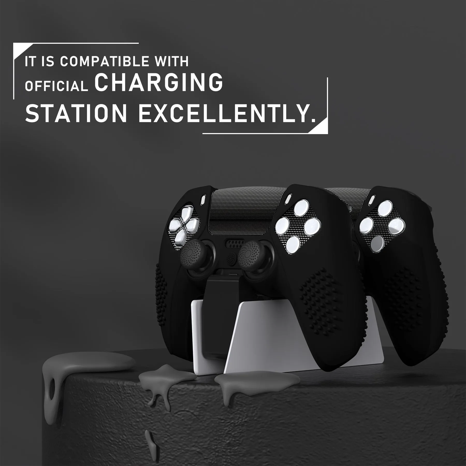 PlayVital 2 Set Upgraded 3D Studded Edition Black Silicone Cover Skin for PS5 Controller with 6 Thumb Grips & 2 Stickers, Anti-Slip Shockproof Controller Grip Case - Compatible with Charging Dock - TVAPFP007