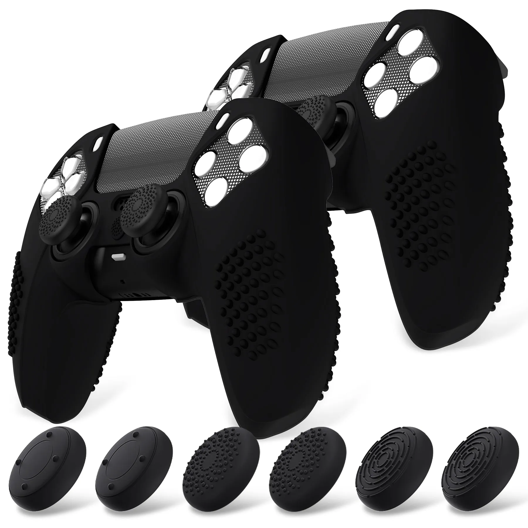 PlayVital 2 Set Upgraded 3D Studded Edition Black Silicone Cover Skin for PS5 Controller with 6 Thumb Grips & 2 Stickers, Anti-Slip Shockproof Controller Grip Case - Compatible with Charging Dock - TVAPFP007