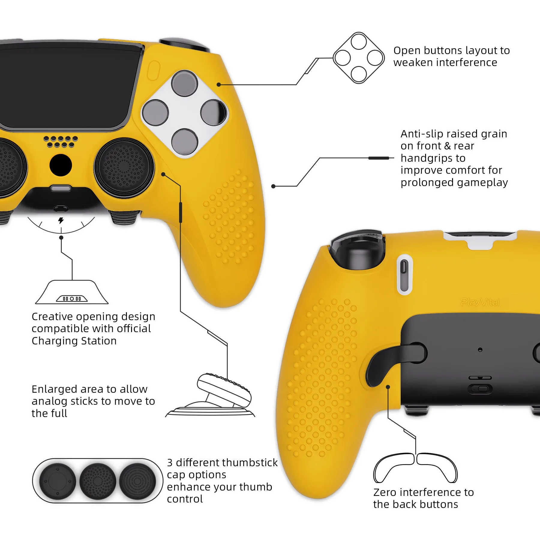 PlayVital 3D Studded Edition Anti-Slip Silicone Cover Case for ps5 Edge Controller, Soft Rubber Protector Skin for ps5 Edge Wireless Controller with 6 Thumb Grip Caps - Caution Yellow - ETPFP014