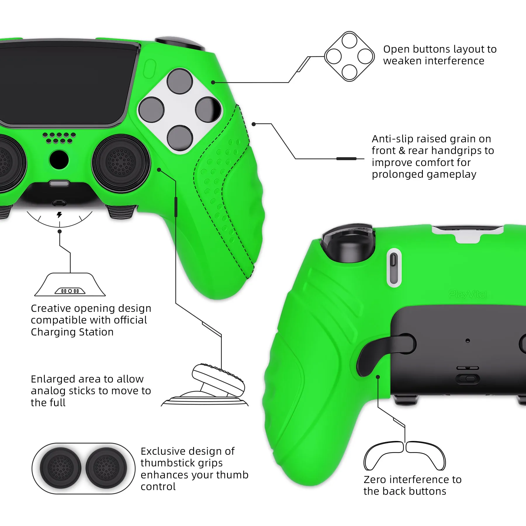 PlayVital Guardian Edition Anti-Slip Ergonomic Silicone Cover Case for ps5 Edge Controller, Soft Rubber Protector Skin for ps5 Edge Wireless Controller with Thumb Grip Caps - Green - EHPFP010