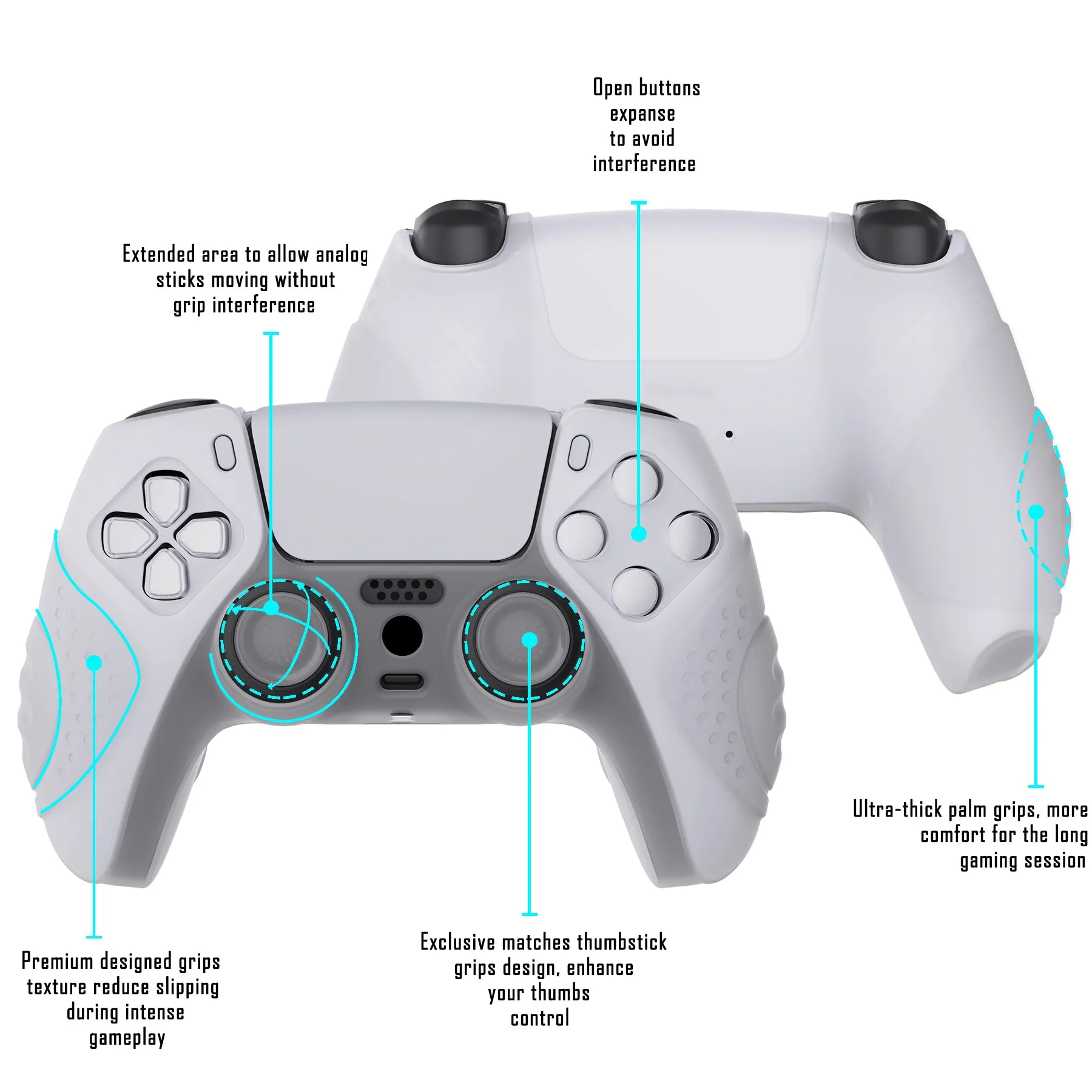 PlayVital Guardian Edition Clear White Ergonomic Soft Anti-slip Controller Silicone Case Cover, Rubber Protector Skins with Clear White Joystick Caps for PS5 Controller - YHPF013