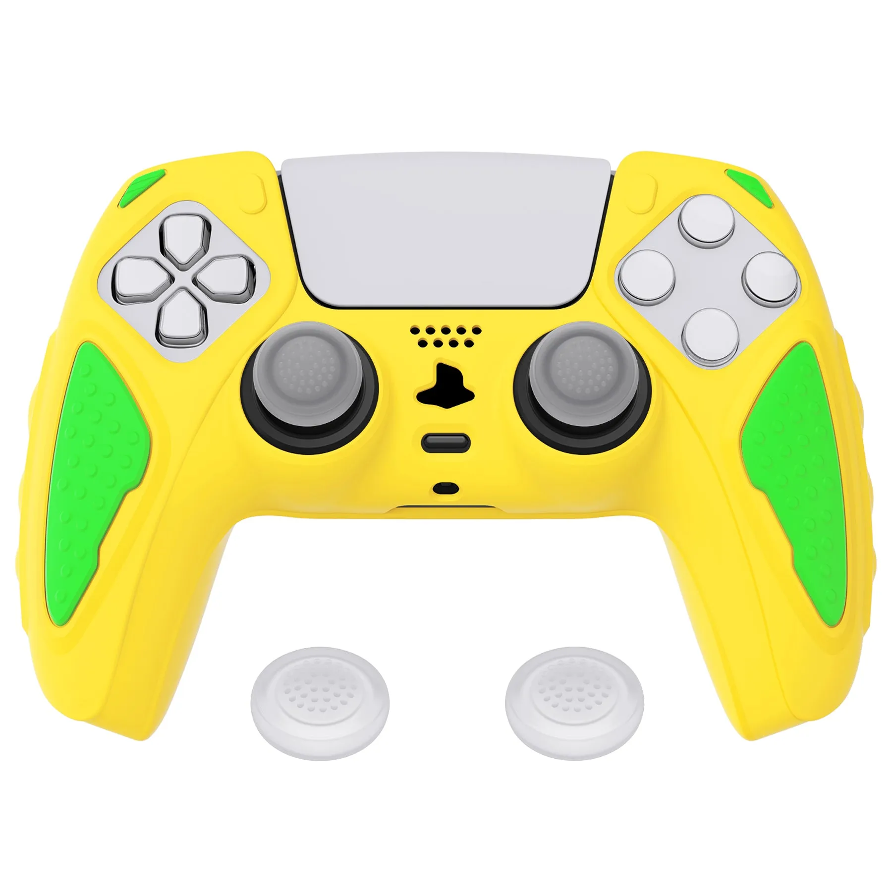 PlayVital Knight Edition Legend Yellow & Green Two Tone Anti-Slip Silicone Cover Skin for ps5 Controller, Soft Rubber Case for ps5 Wireless Controller with Thumb Grip Caps - QSPF016