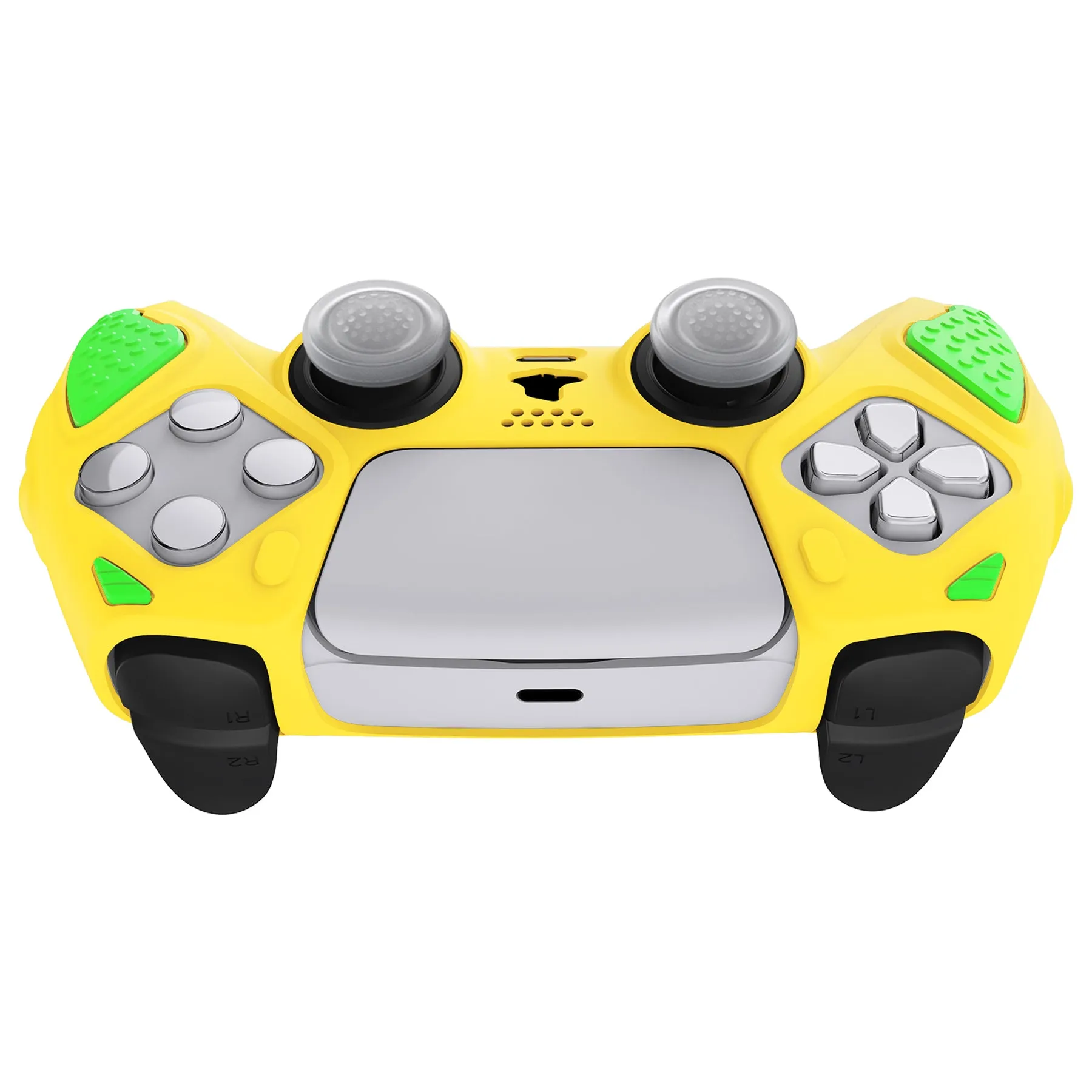 PlayVital Knight Edition Legend Yellow & Green Two Tone Anti-Slip Silicone Cover Skin for ps5 Controller, Soft Rubber Case for ps5 Wireless Controller with Thumb Grip Caps - QSPF016