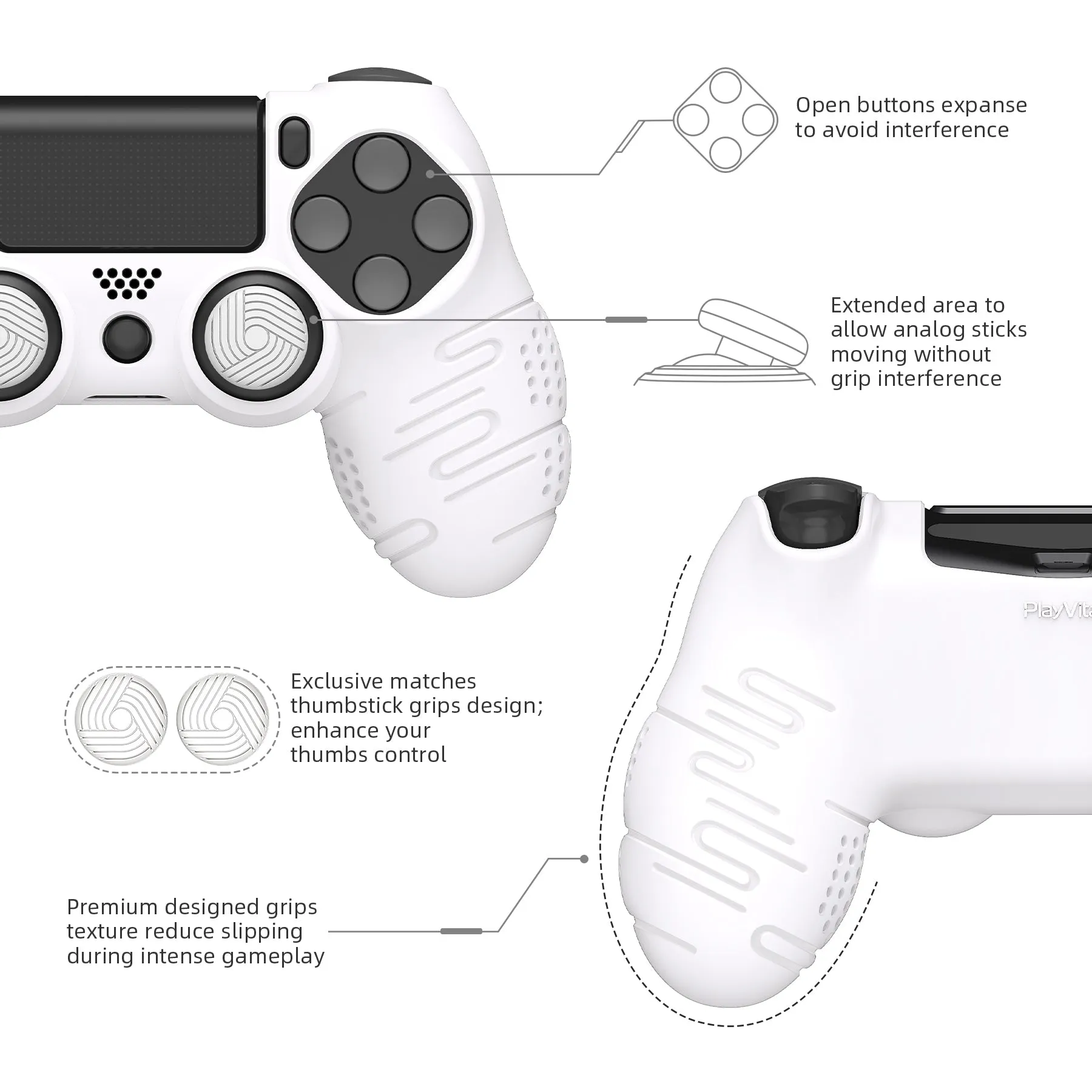 PlayVital Line & Dot White Silicone Cover Skin for ps4 Controller, Anti-Slip Soft Protector Case Cover with Thumb Grip Caps for ps4 for ps4 Slim for ps4 Pro Controller - CLRP4P002