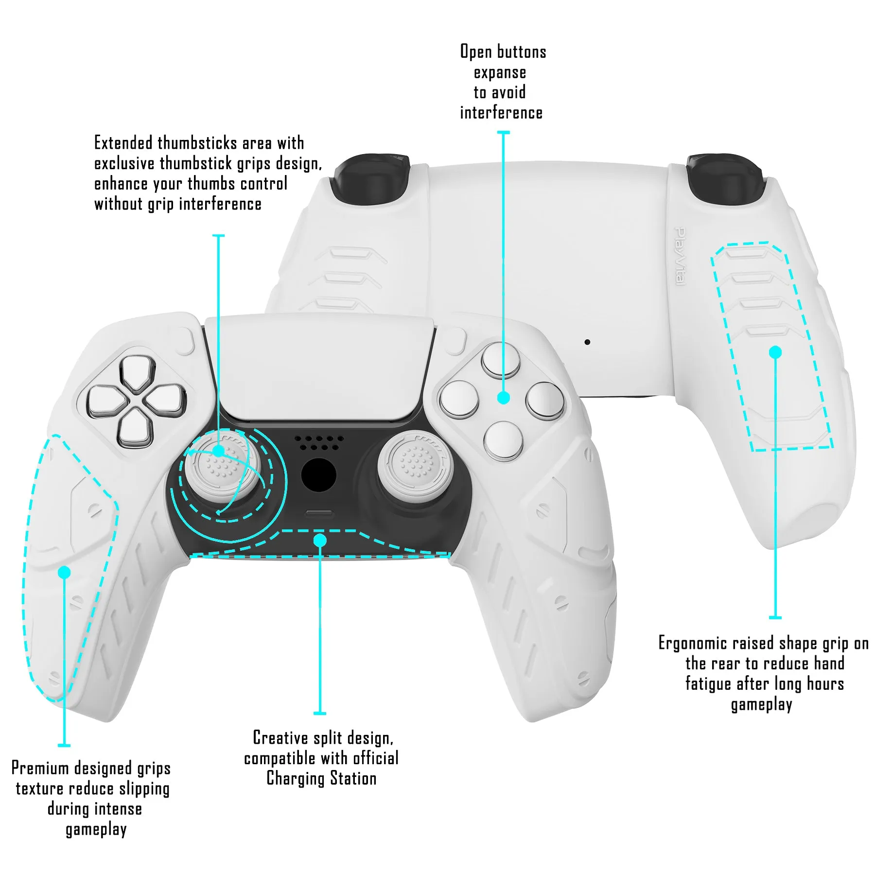 PlayVital Mecha Edition White Ergonomic Soft Controller Silicone Case Grips for PS5 Controller, Rubber Protector Skins with Thumbstick Caps for PS5 Controller – Compatible with Charging Station - JGPF002