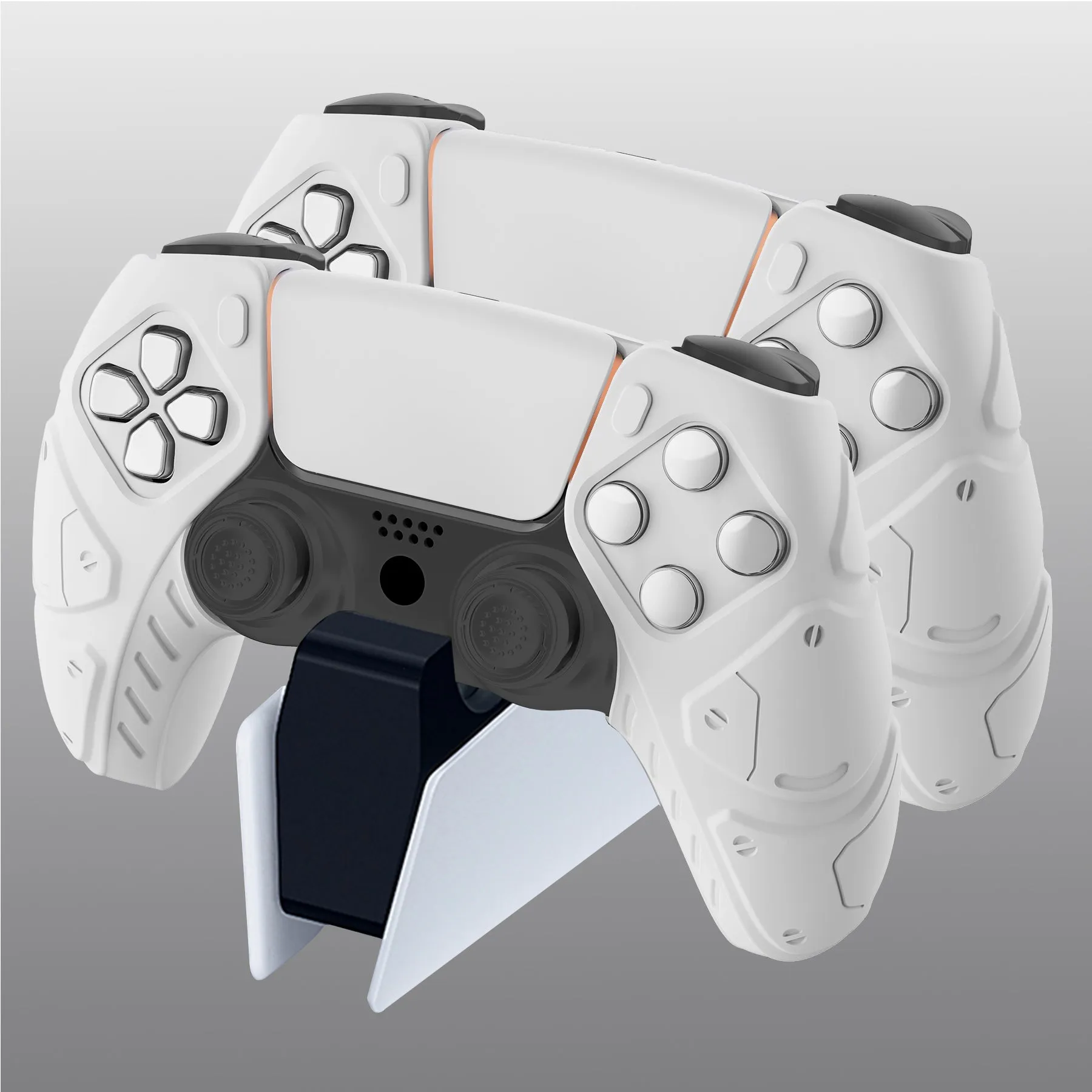 PlayVital Mecha Edition White Ergonomic Soft Controller Silicone Case Grips for PS5 Controller, Rubber Protector Skins with Thumbstick Caps for PS5 Controller – Compatible with Charging Station - JGPF002