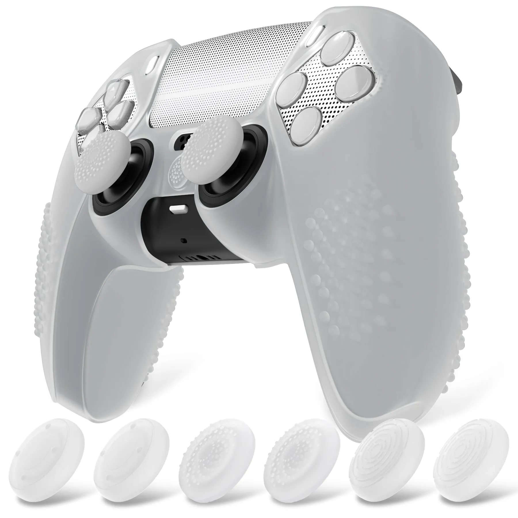 PlayVital Upgraded 3D Studded Edition Clear White Silicone Cover Skin for PS5 Controller with 6 Thumb Grips & 2 Stickers, Anti-Slip Shockproof Controller Grip Case - Compatible with Charging Dock - TVAPFP003