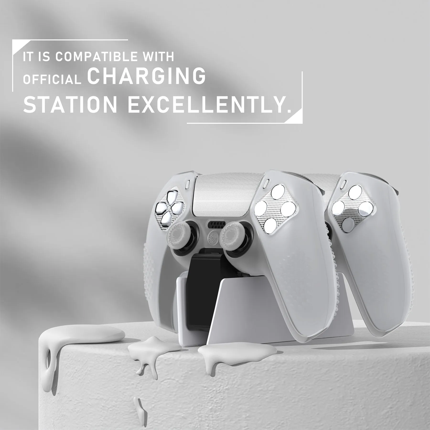 PlayVital Upgraded 3D Studded Edition Clear White Silicone Cover Skin for PS5 Controller with 6 Thumb Grips & 2 Stickers, Anti-Slip Shockproof Controller Grip Case - Compatible with Charging Dock - TVAPFP003