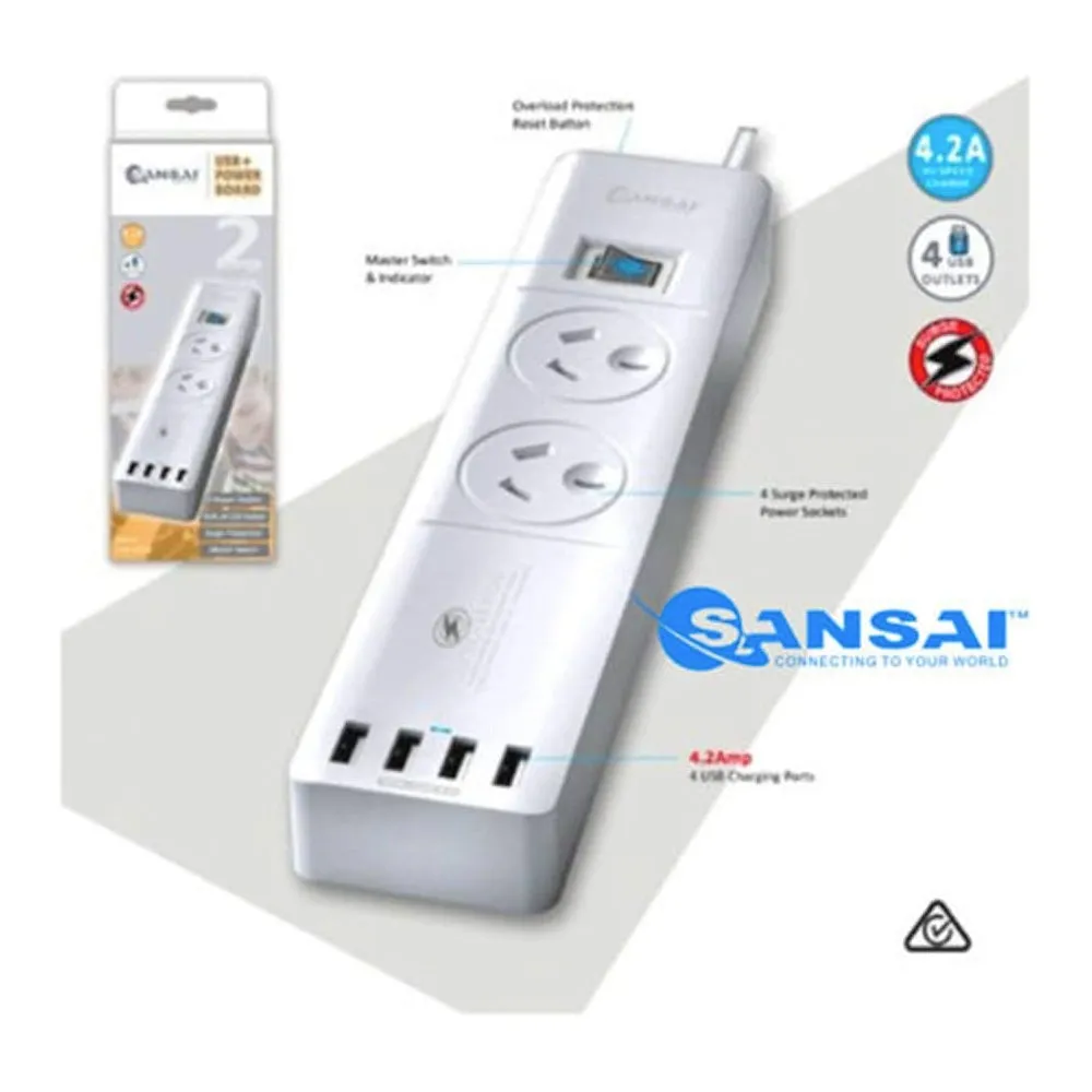 Power Board 2 Way Outlets with 4 USB Charging Ports and Surge Protector