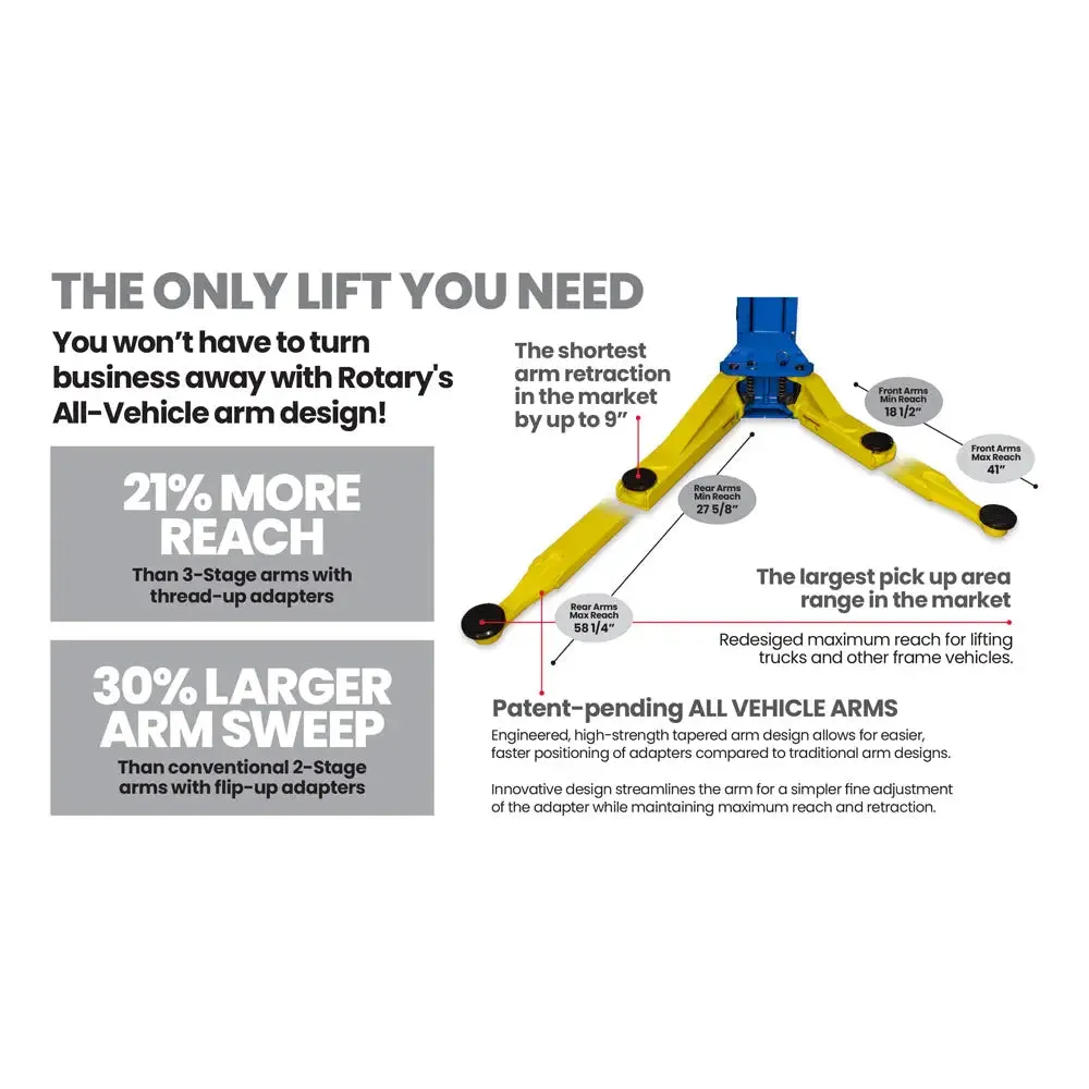 Rotary SPOA10-AV 10K Two-Post Asymmetrical Lift w/ All-Vehicle Lift Arms