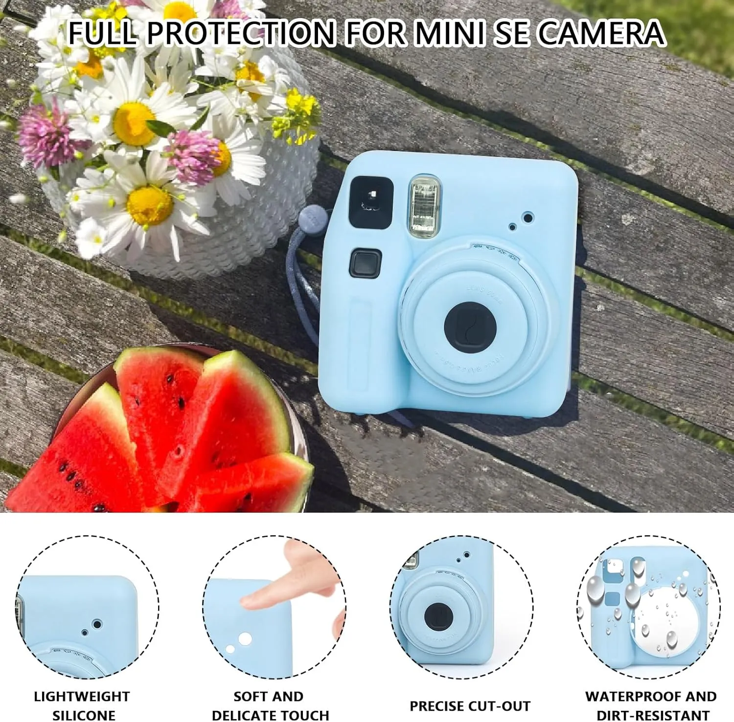 Silicone Case for Fujifilm Instax Mini SE Instant Camera Case |Soft Protective Camera Cover with Adjustable Shoulder Strap - Blue