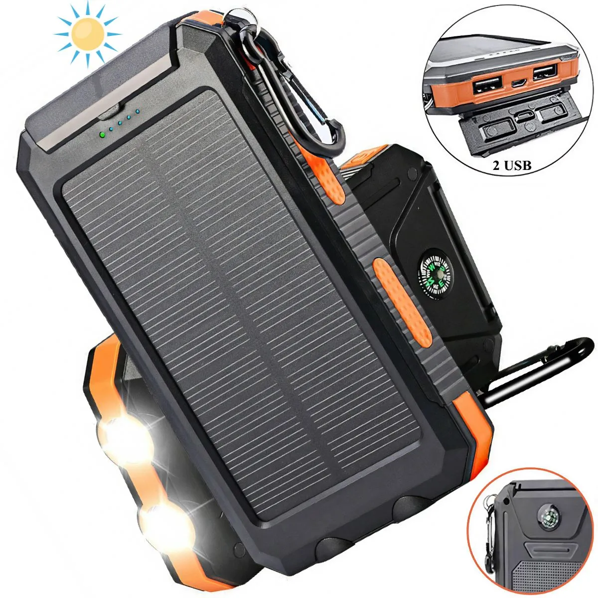 SMAXPro™ Portable Solar Power Bank: HIGH 20,000mAH, 2 USB Ports, Compass, Cell Phone Charger