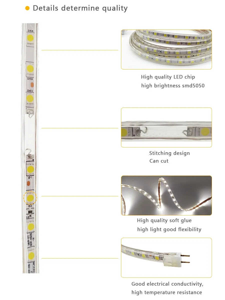 SMD 5050 AC220V LED Strip Flexible Light 60leds/m Waterproof Led Tape LED Light With Power Plug 1M/2M/3M/5M/6M/8M/9M/10M/15M/20M