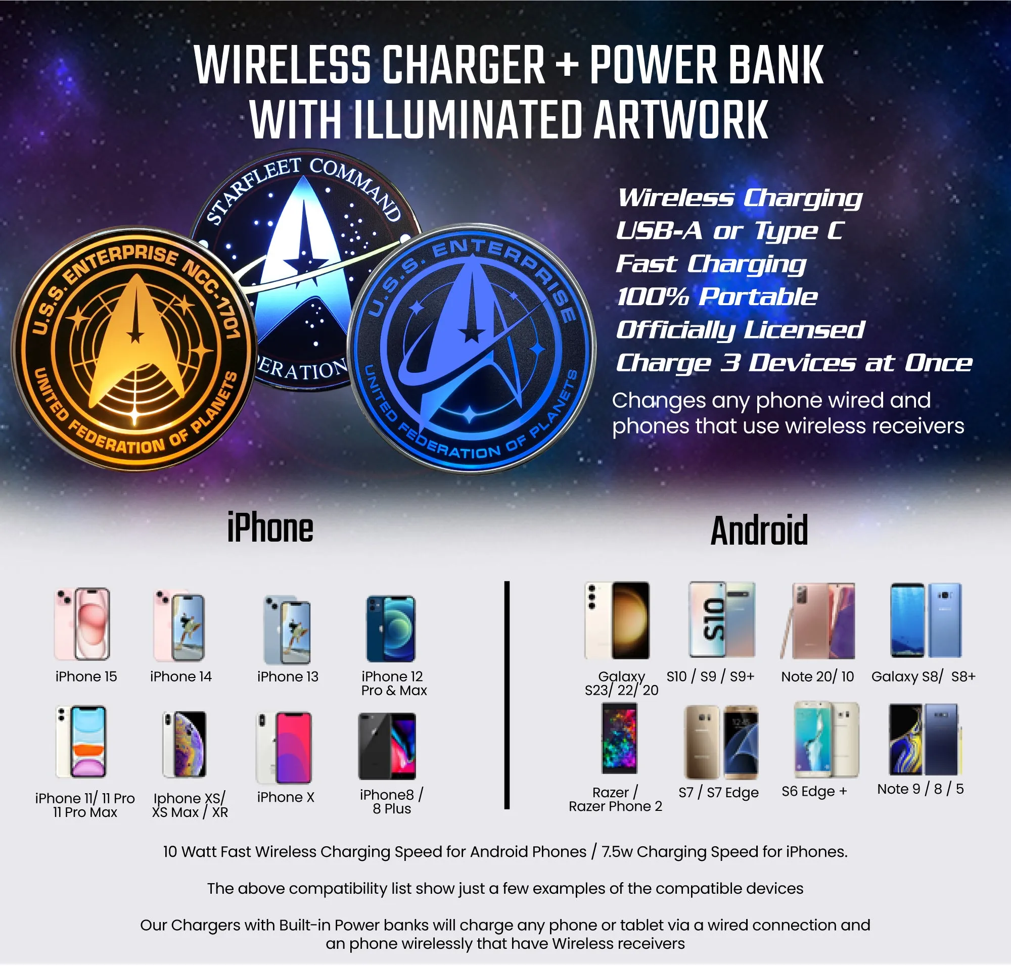 Star Trek Qi Wireless Charger With Illuminated Stained-glass Delta & Built-In Power bank