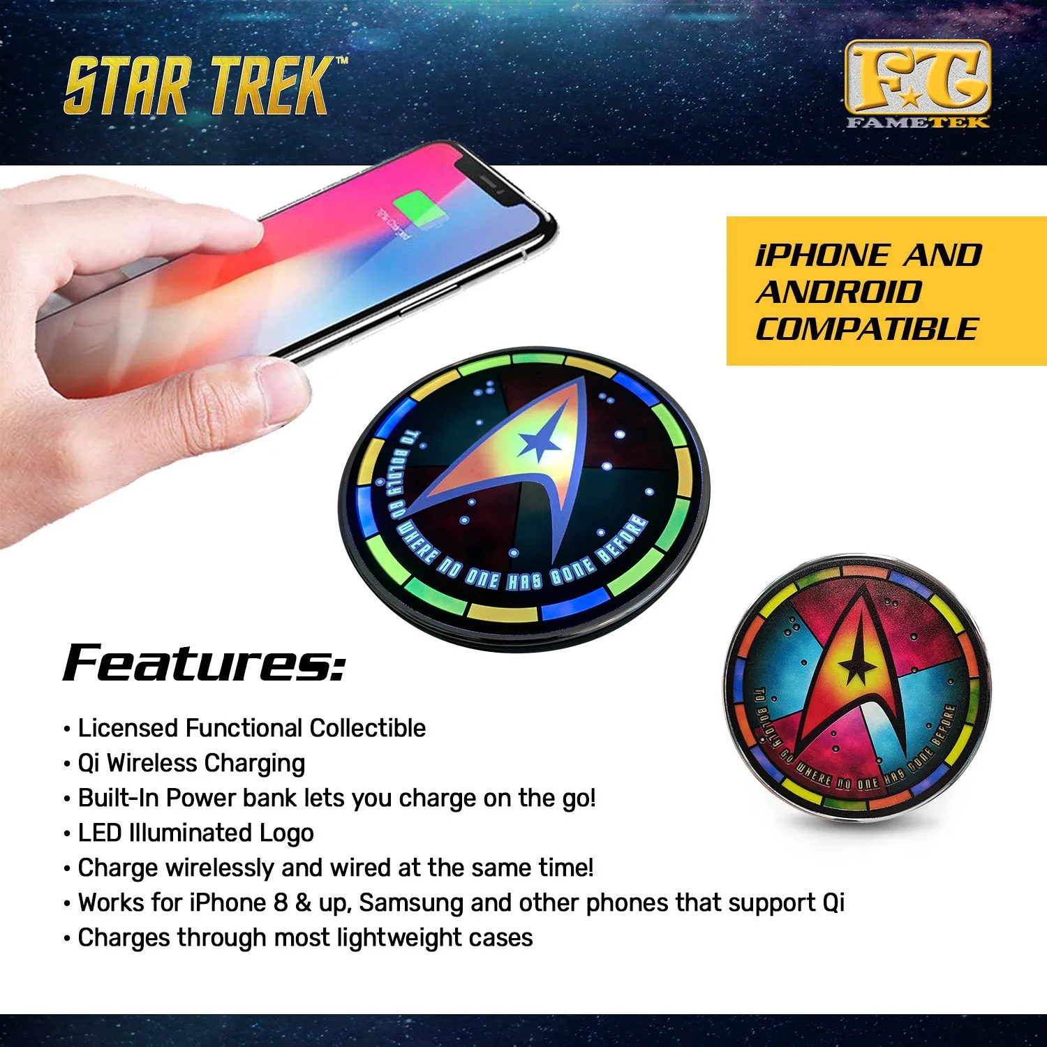 Star Trek Qi Wireless Charger With Illuminated Stained-glass Delta & Built-In Power bank