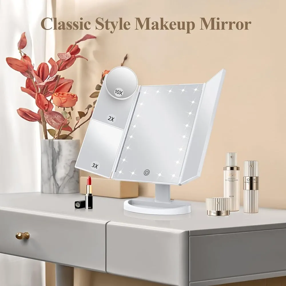 StitchesandTweed Trifold Makeup Mirror Vanity with Lights - White