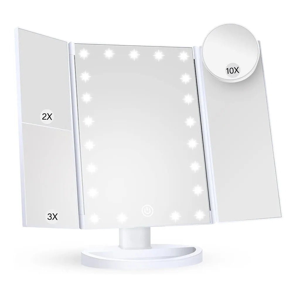 StitchesandTweed Trifold Makeup Mirror Vanity with Lights - White