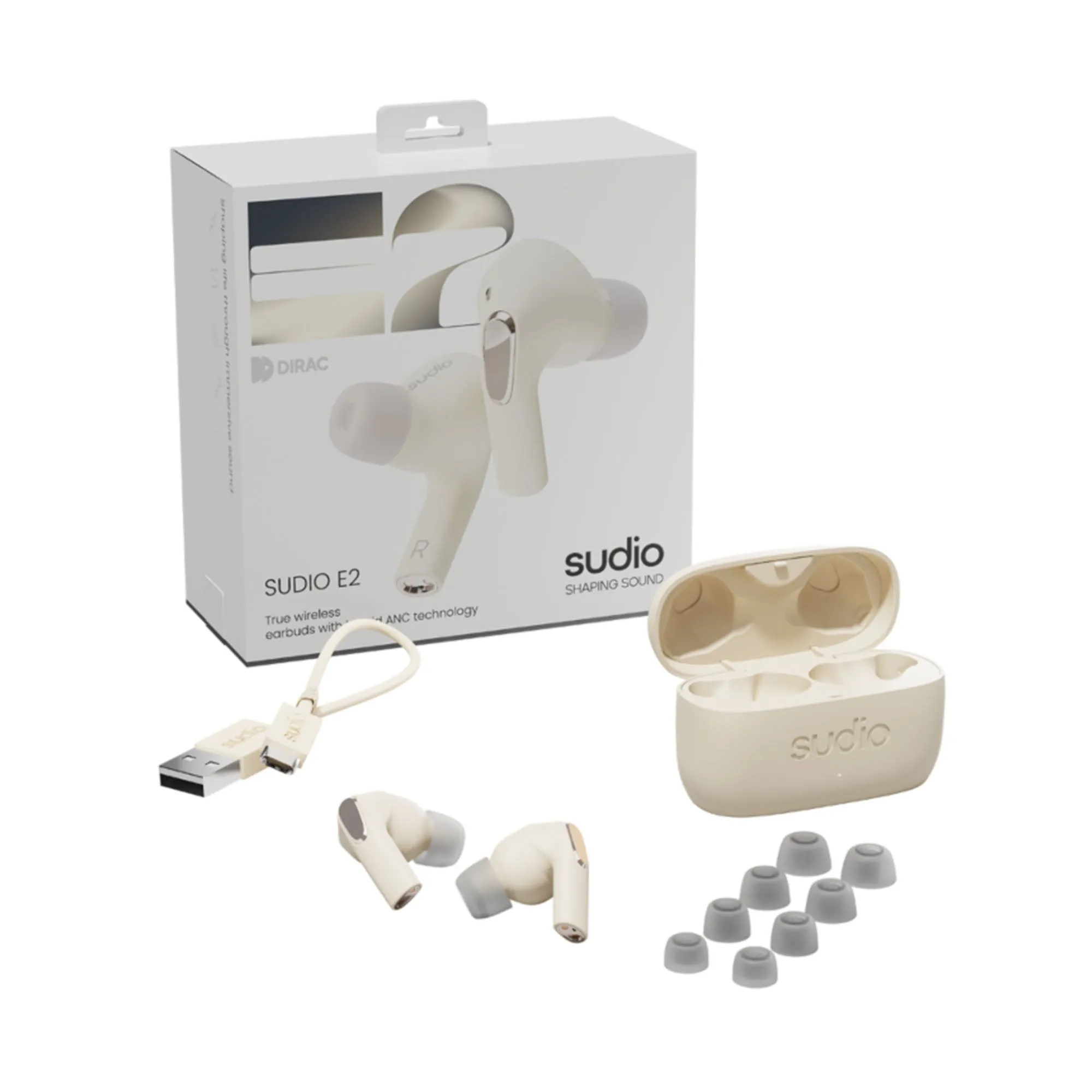 Sudio Wireless Earphone E2 - Hybrid Active Noise Cancellation Spatial Audio - Sand (Barcode: 7350071384695 )