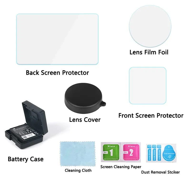 Tempered Glass Film Screen Protector with Lens Cap Cover and Battery Storage Case | Compatible with DJI OSMO Action 3 Camera Accessories